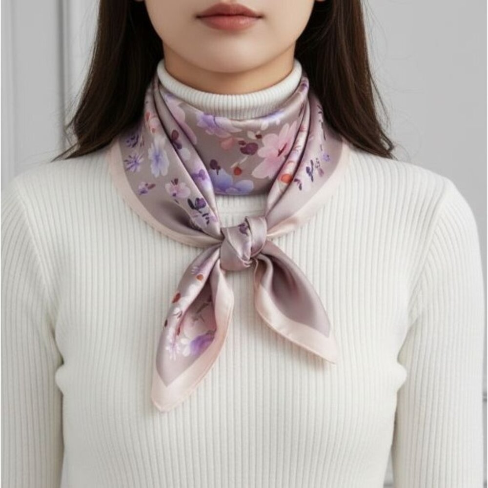 🤩New Elegant Bandana Square Scarf Silky Vintage Floral Purple Luxury Accessory